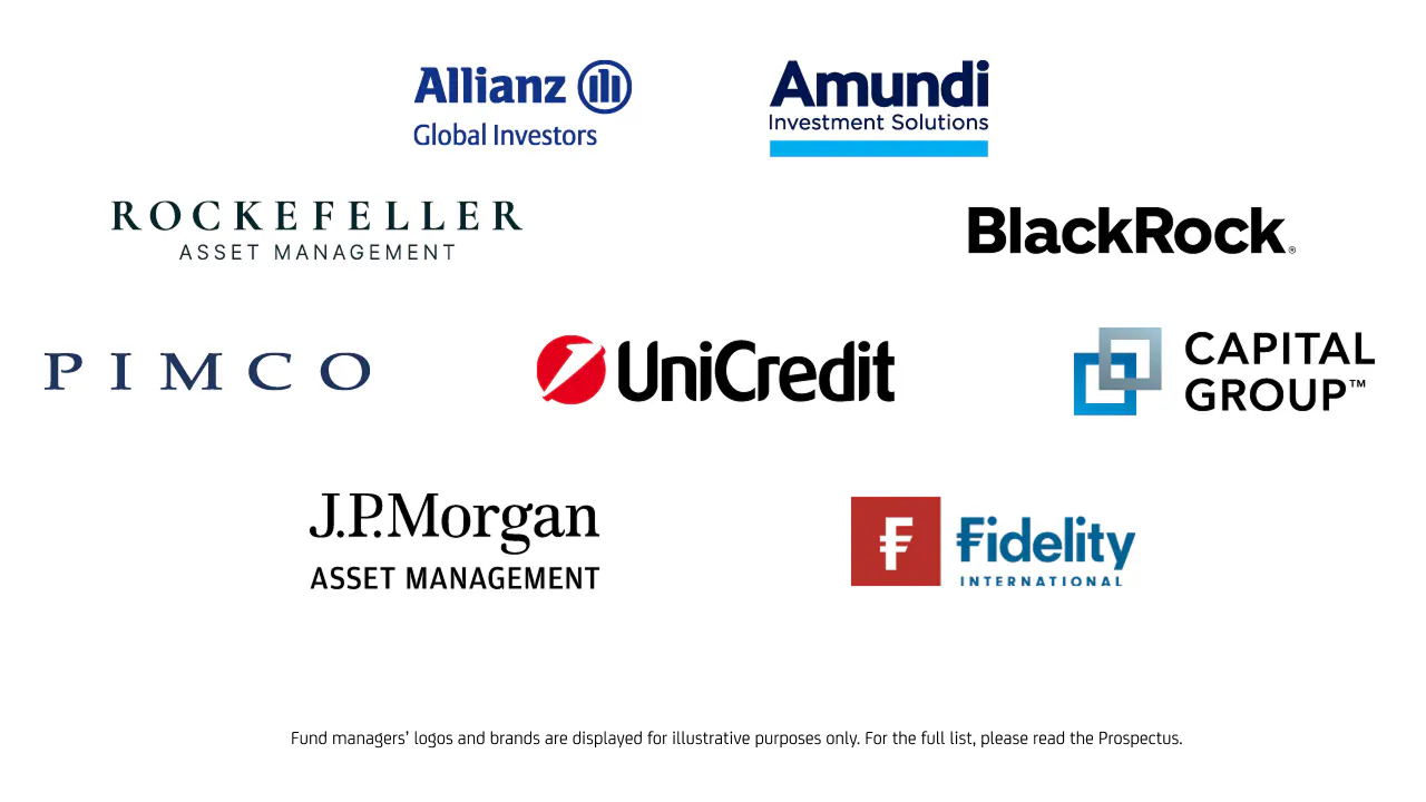 Fund managers’ logos and brands are displayed for illustrative purposes only. For the full list, please read the Prospectus.