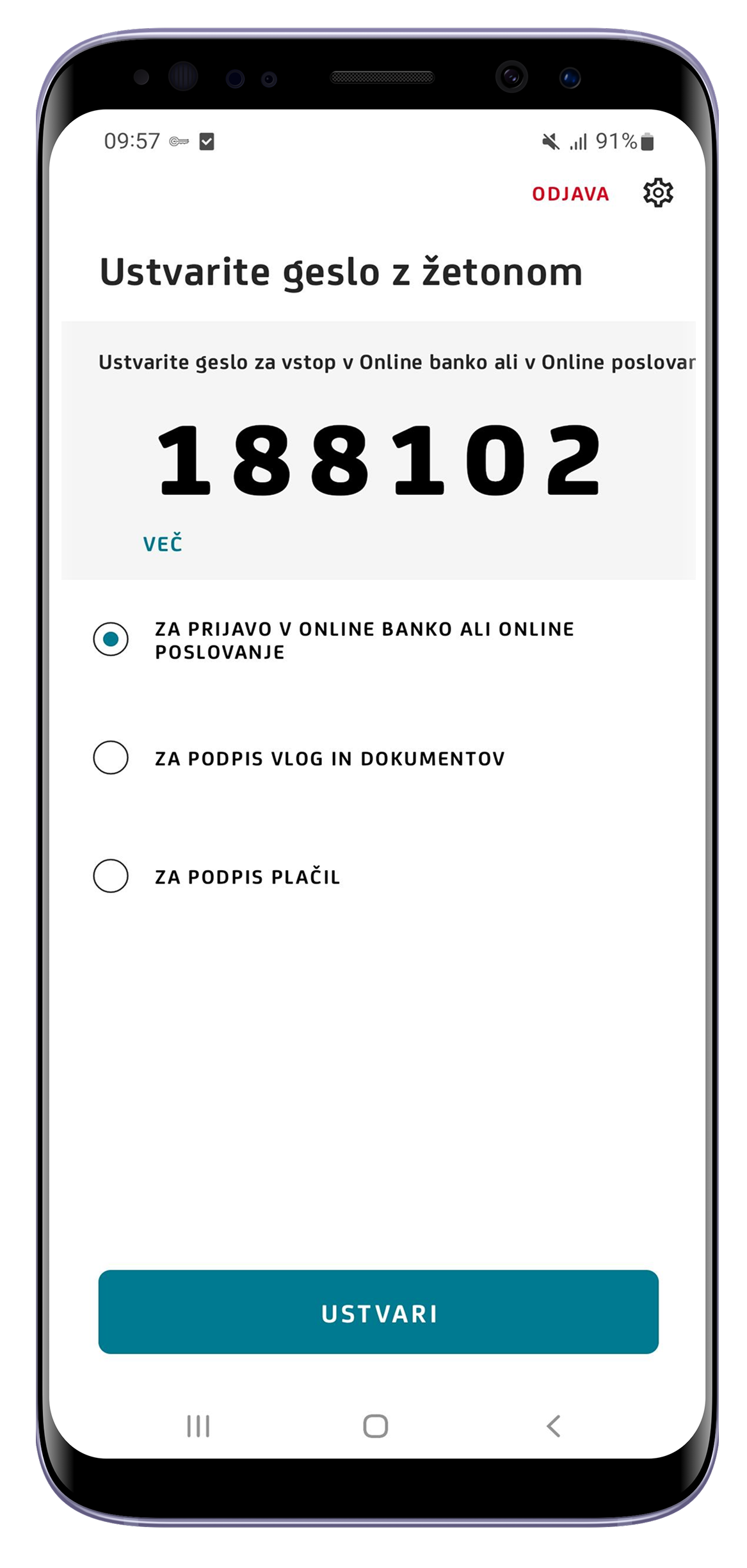 Vizualni prikaz vmesnika za generacijo mobilnega žetona za vstop v Online banko.